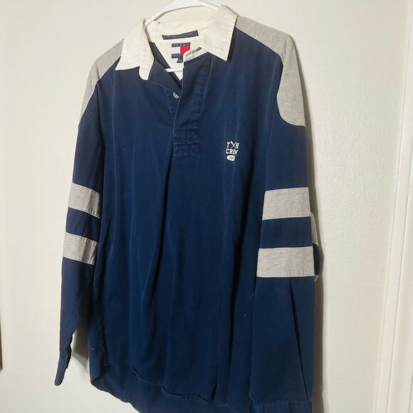 Vintage Tommy Hilfiger Navy Rugby Style Collared Crew Neck Shirt size Medium - Picture 4 of 9